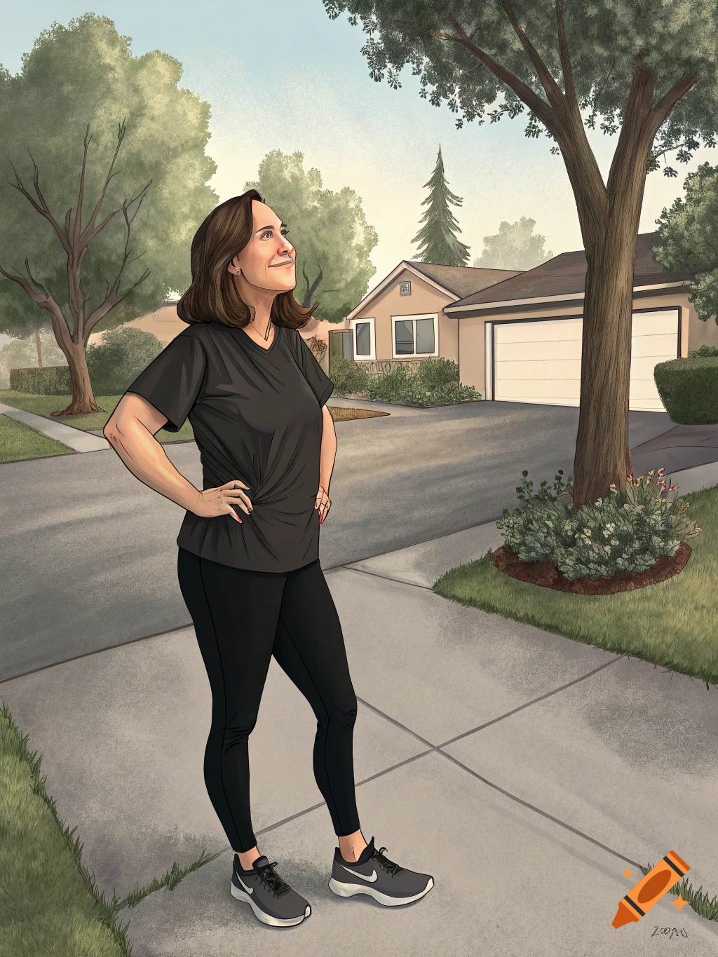 Illustrated woman in black athletic wear standing on a sidewalk, looking up, with a house and trees in the background.