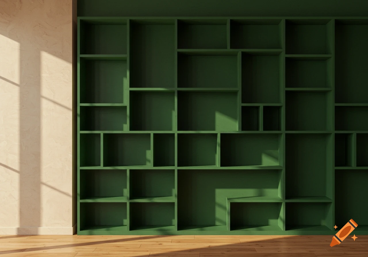 A forest green bookcase with varied shelf sizes against a warm white wall and wooden floor, illuminated by natural light.