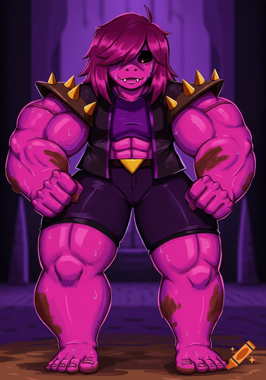 A muscular, purple-skinned monster character with pink hair and a vest stands in a dark, stylized purple environment, covered in mud and sweat.