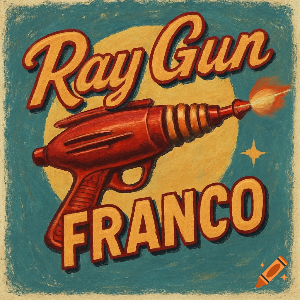 A vintage 50s style logo featuring a red ray gun with an orange muzzle flash, against a yellow circle and blue background. Text reads 'Ray Gun' and 'FRANCO'.