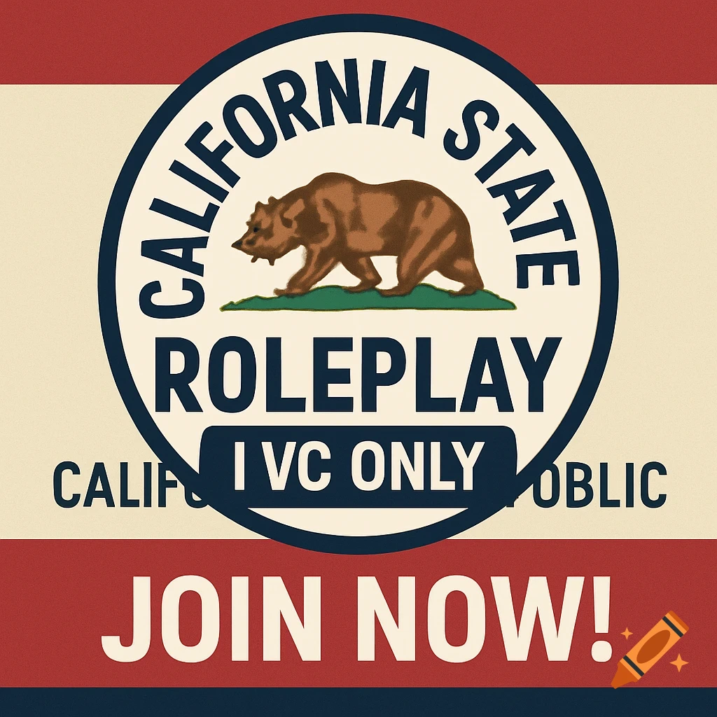 A vintage-style logo for California State Roleplay with a bear in a circular emblem on a red, cream, and blue striped background, with text "JOIN NOW!".