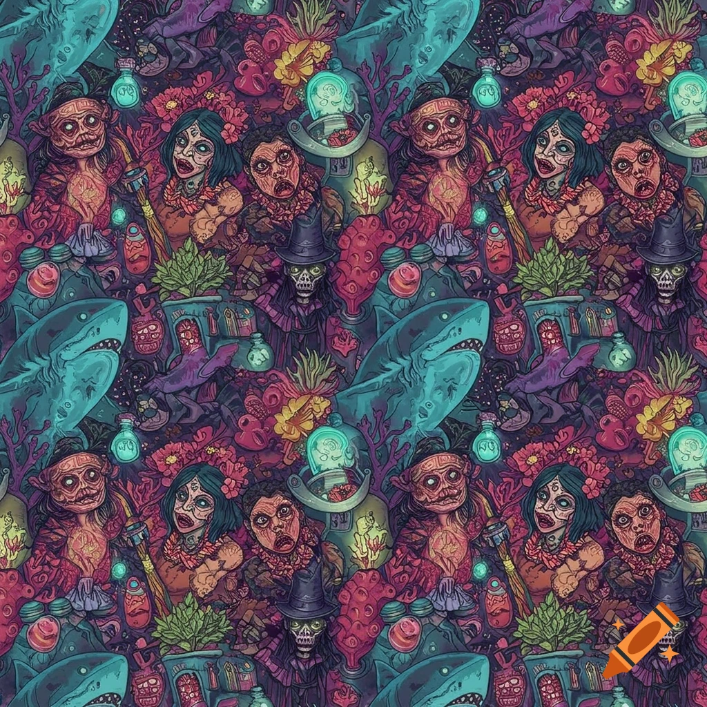 A dark, detailed, stylized seamless pattern featuring horror characters, sharks, potion bottles, and Hawaiian-inspired elements.