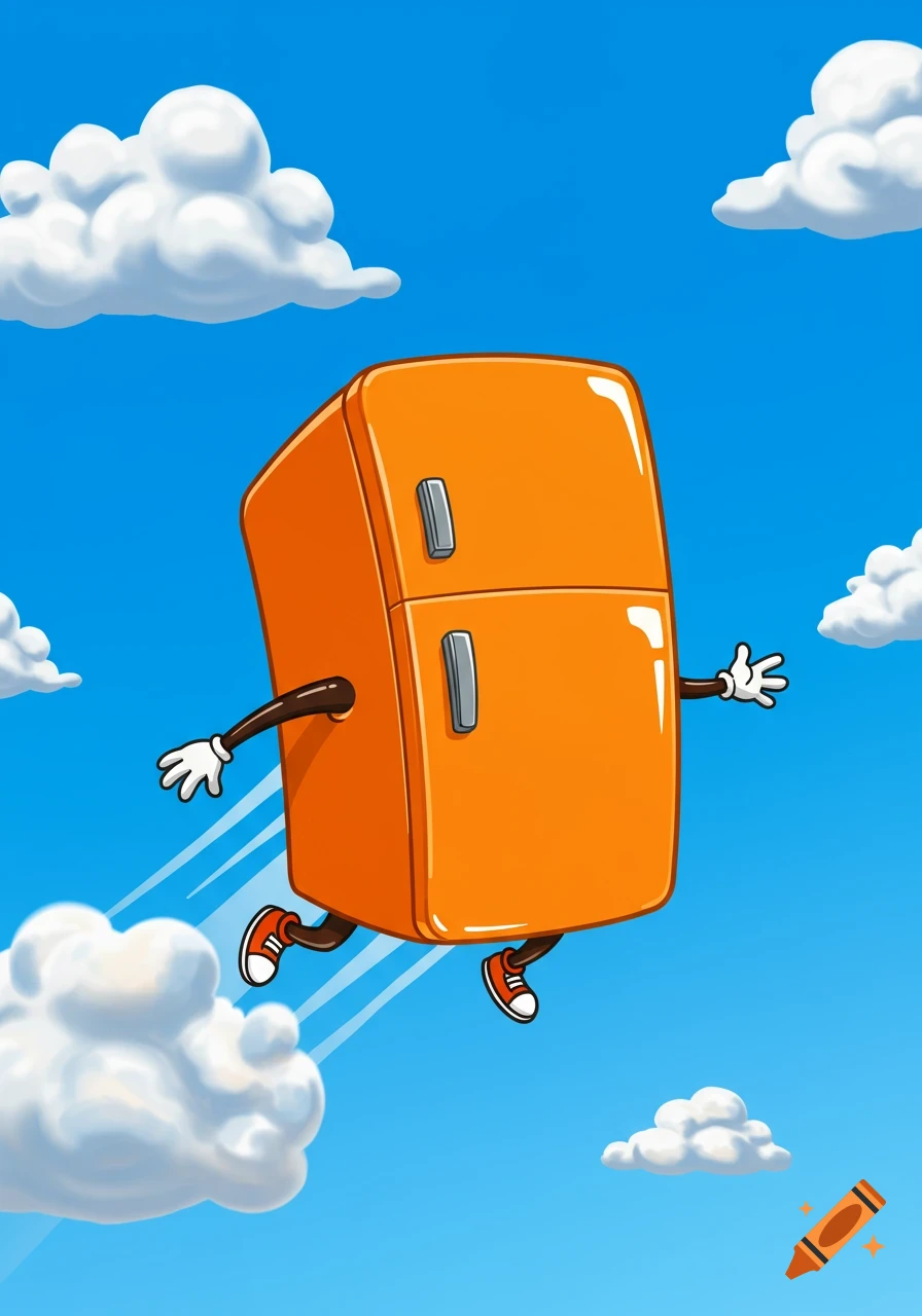 A whimsical cartoon orange refrigerator with arms and legs flying through a bright blue sky filled with white clouds.