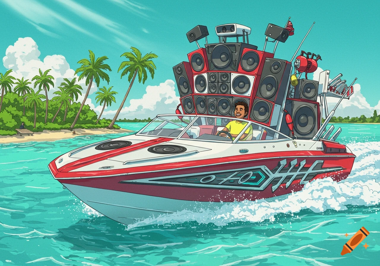 A cartoon illustration of a person driving a red and white boat overloaded with speakers on a turquoise ocean near a tropical beach with palm trees.