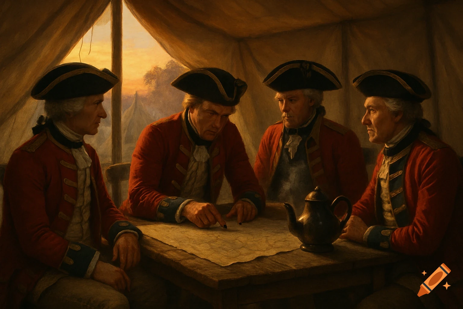 Four Redcoat officers in a tent discussing a map on a table, with a teapot, at sunrise, in a painterly style.