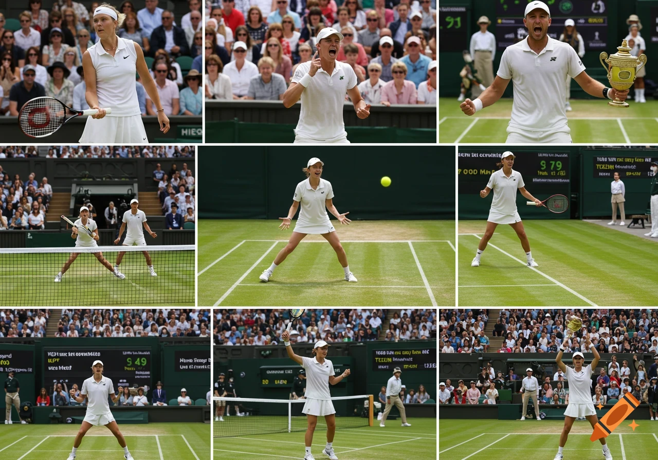 A collage of tennis scenes showing players on a grass court during a tournament, some celebrating with a trophy, and a crowd.