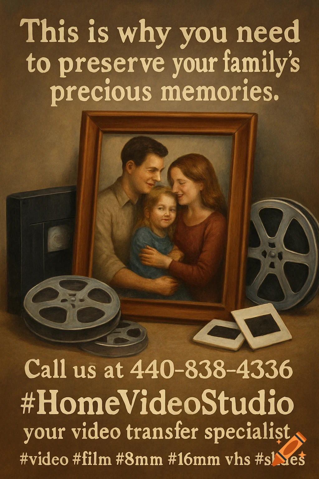 A vintage-style advertisement featuring a framed portrait of a family, surrounded by film reels, a VHS player, and slides. Text promotes preserving memories through video transfer services.