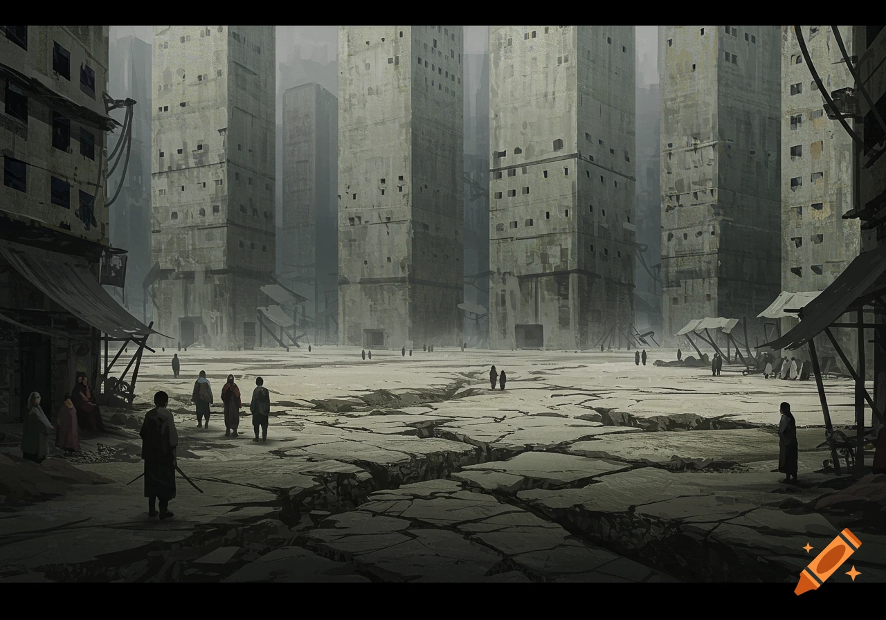 A bleak, dystopian cityscape with tall, decaying concrete buildings, a cracked, arid ground, and scattered figures walking.
