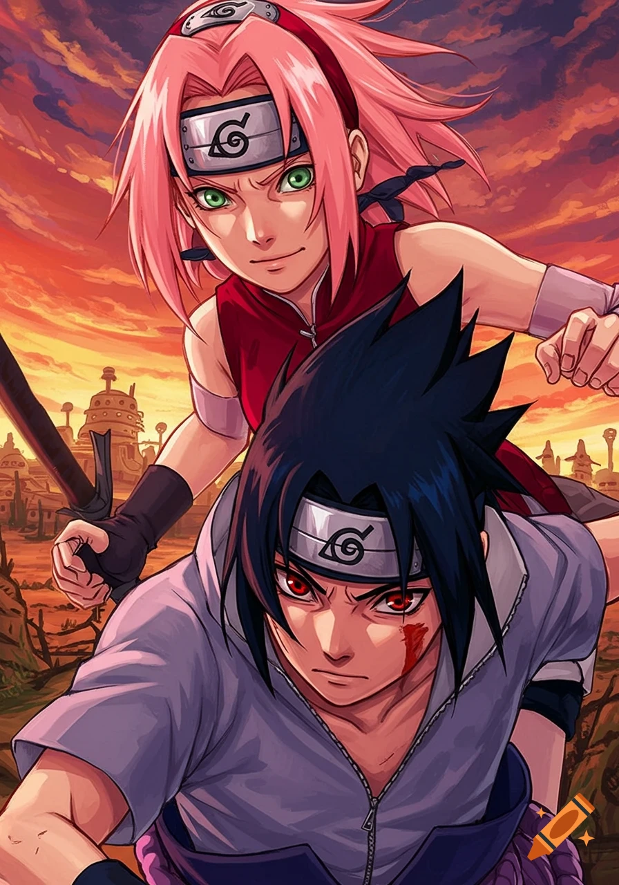 An anime illustration of Sakura and Sasuke from Naruto, in a dynamic pose against an orange sky with a village in the background.