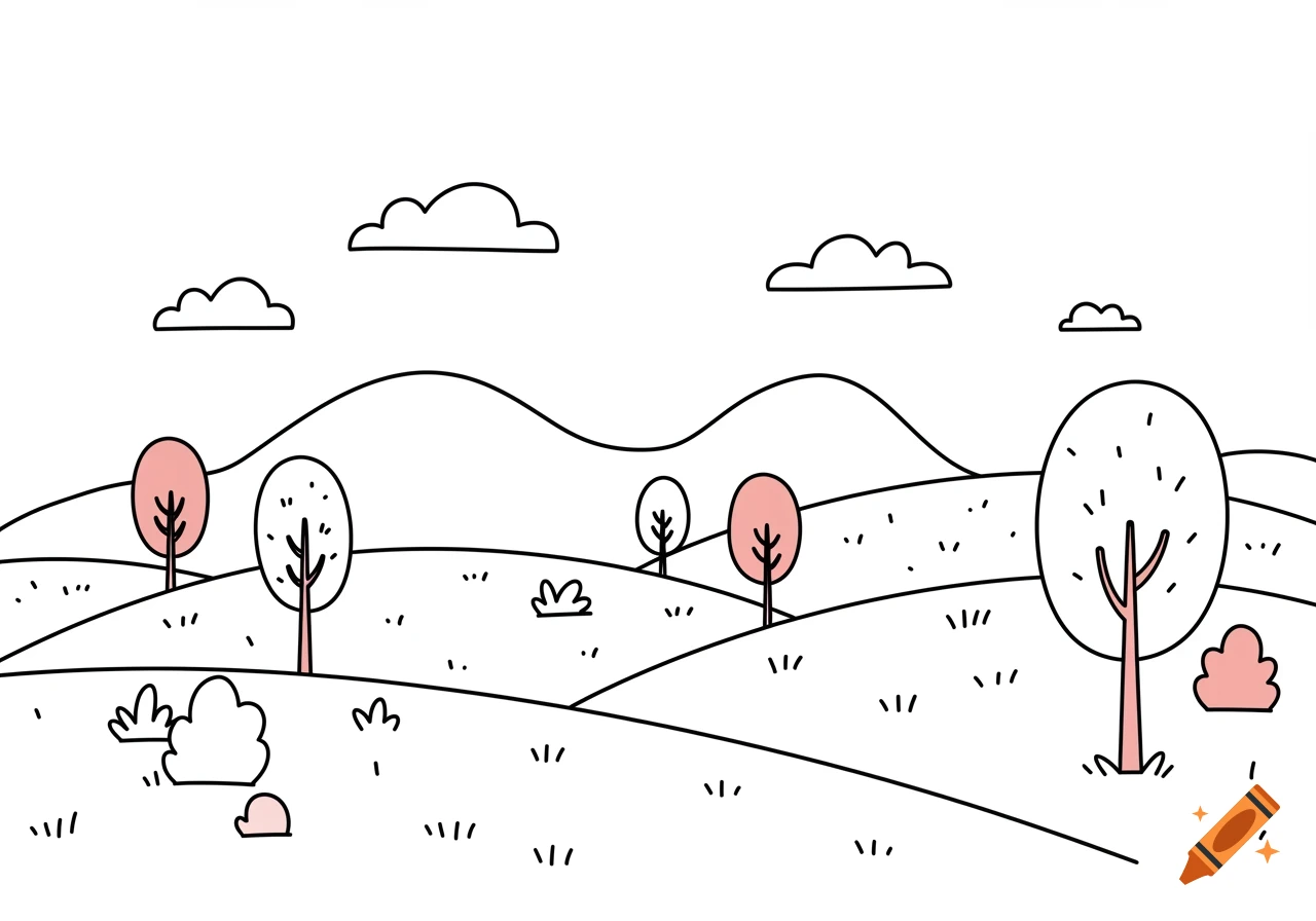 A minimalist line art landscape illustration with rolling hills, stylized trees with pink accents, and clouds against a white background.