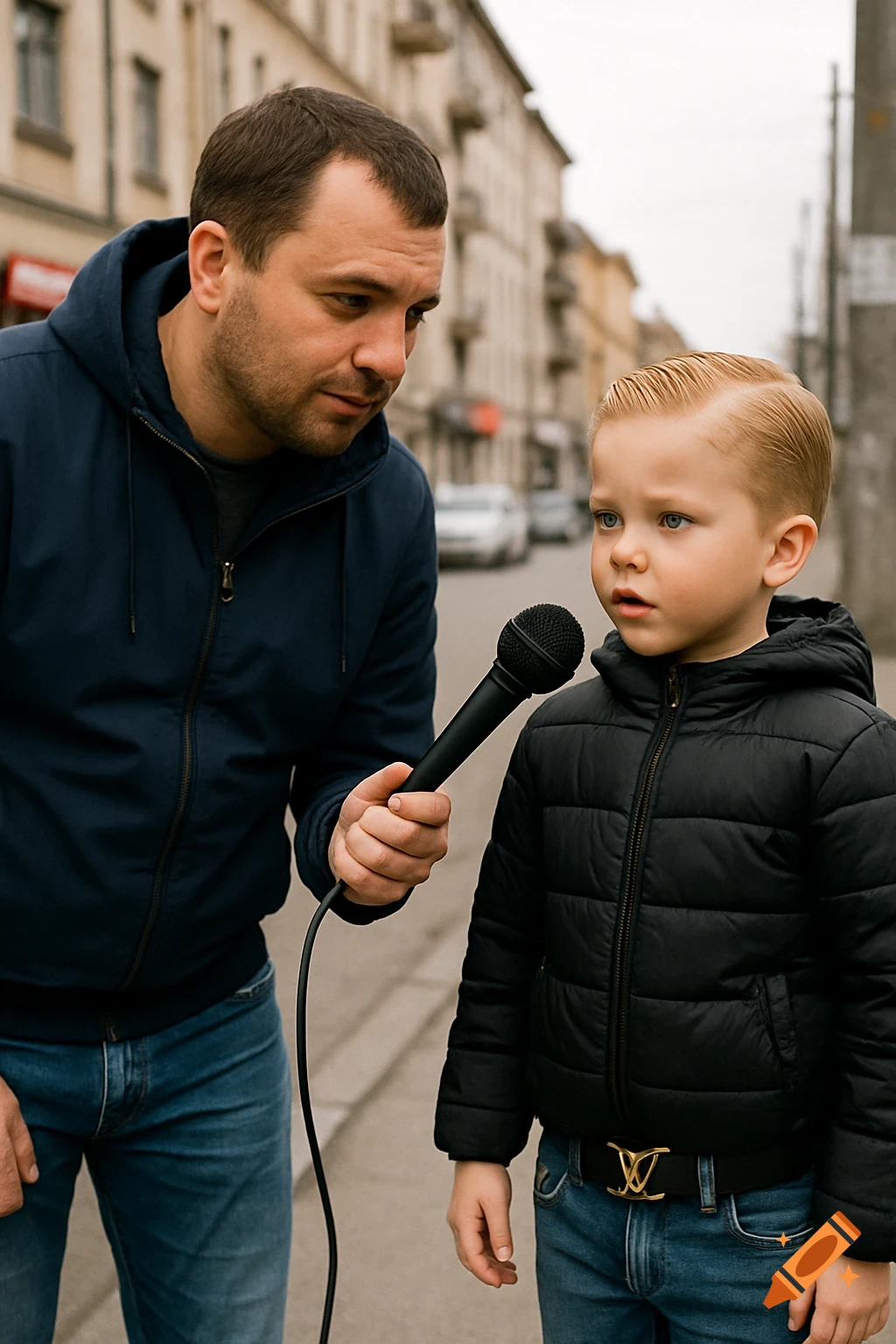 A man holds a microphone to a young boy with blonde hair, wearing a black puffer jacket and jeans, on a city street.