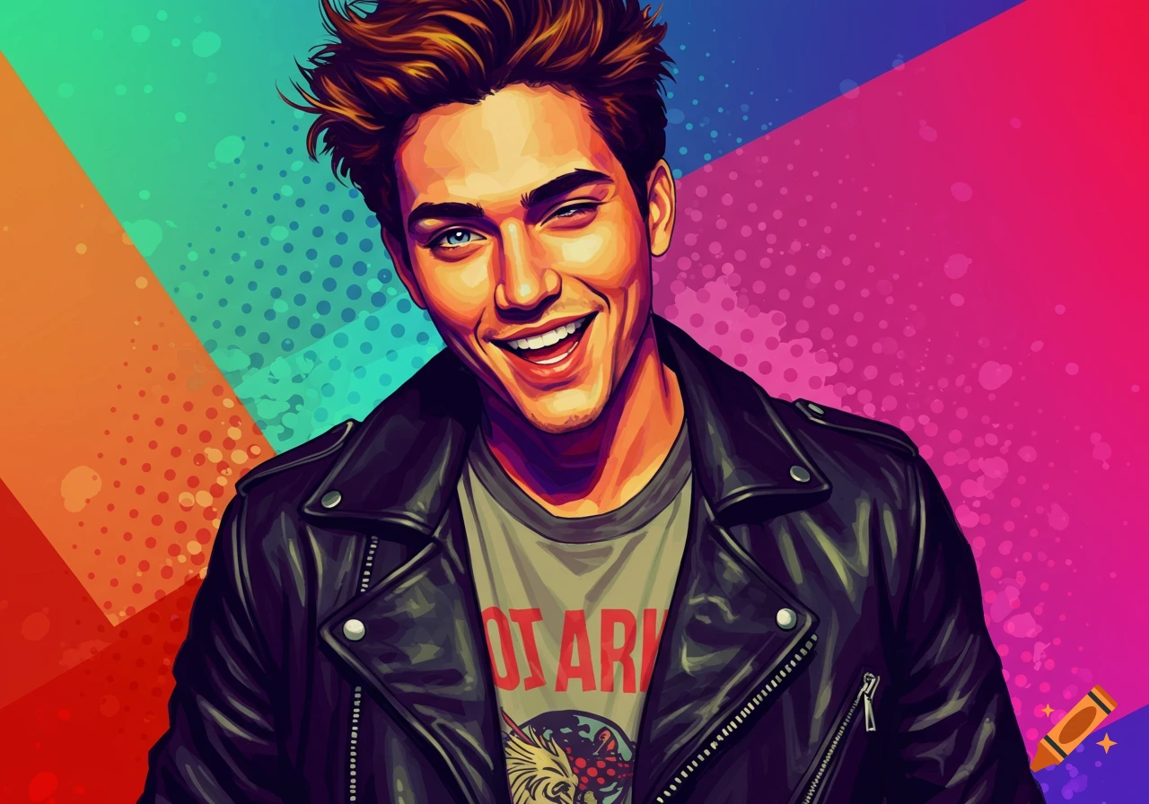 A smiling young man in a pop art style wears a black leather jacket and a gray t-shirt with illegible text against a colorful geometric background.