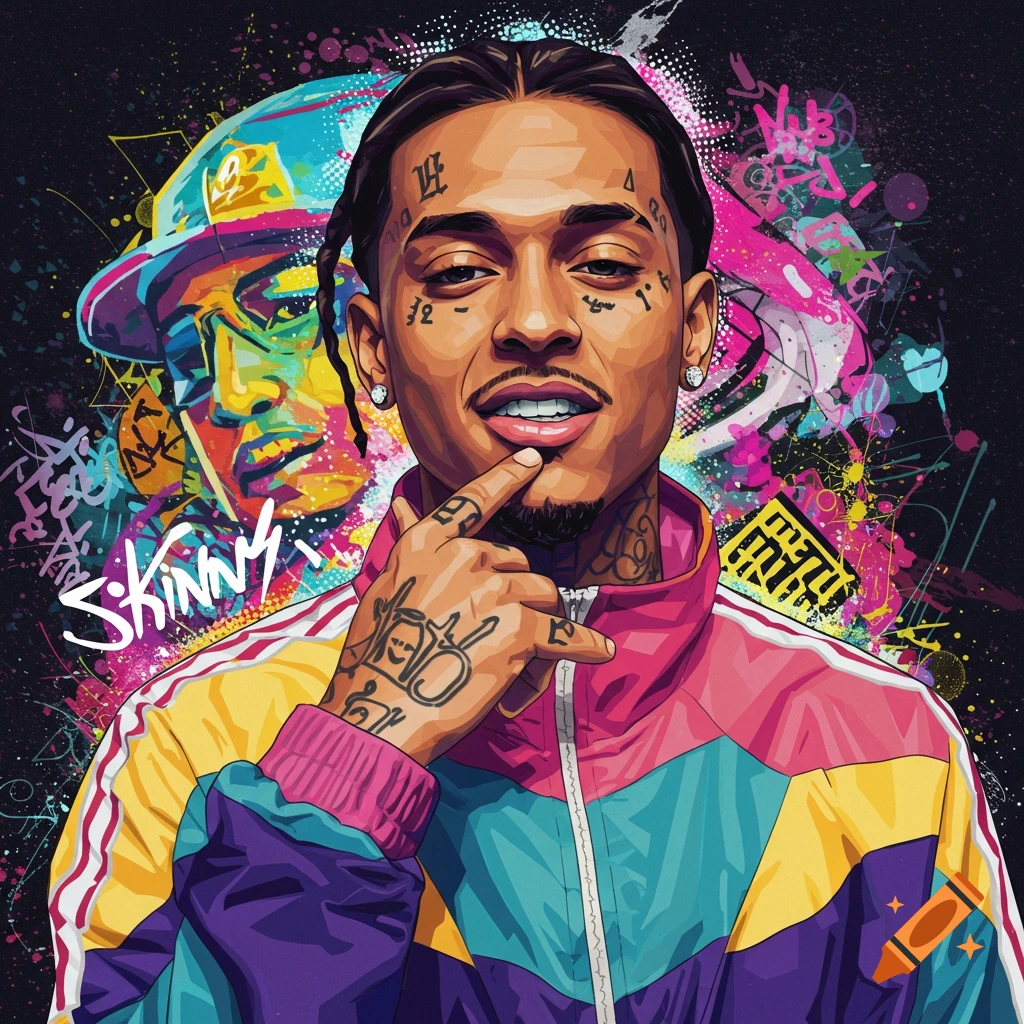 Colorful vector art portrait of a man with braids and tattoos in a tracksuit, against a graffiti background with 'SKINNY' text.