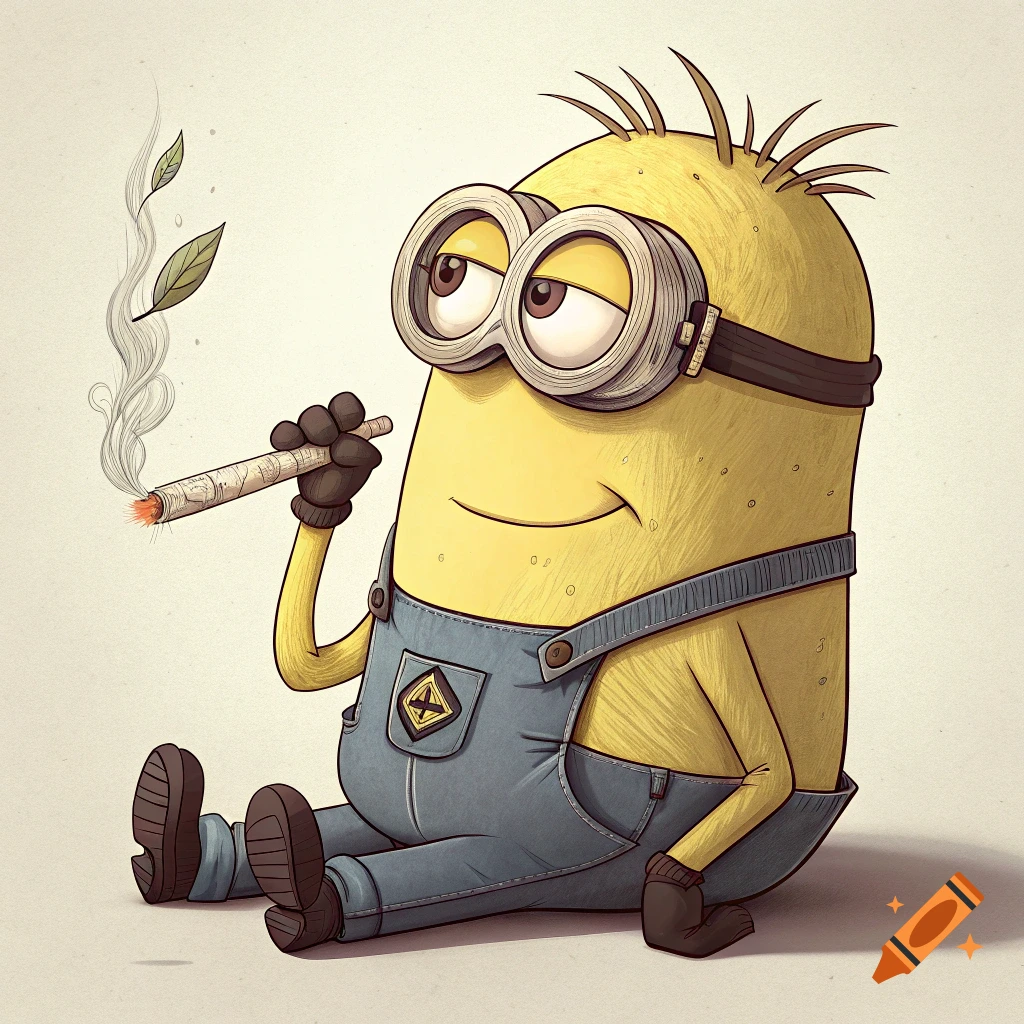 A yellow Minion character wearing goggles and denim overalls sits, smoking a blunt with smoke and leaves rising, in a cartoon style.
