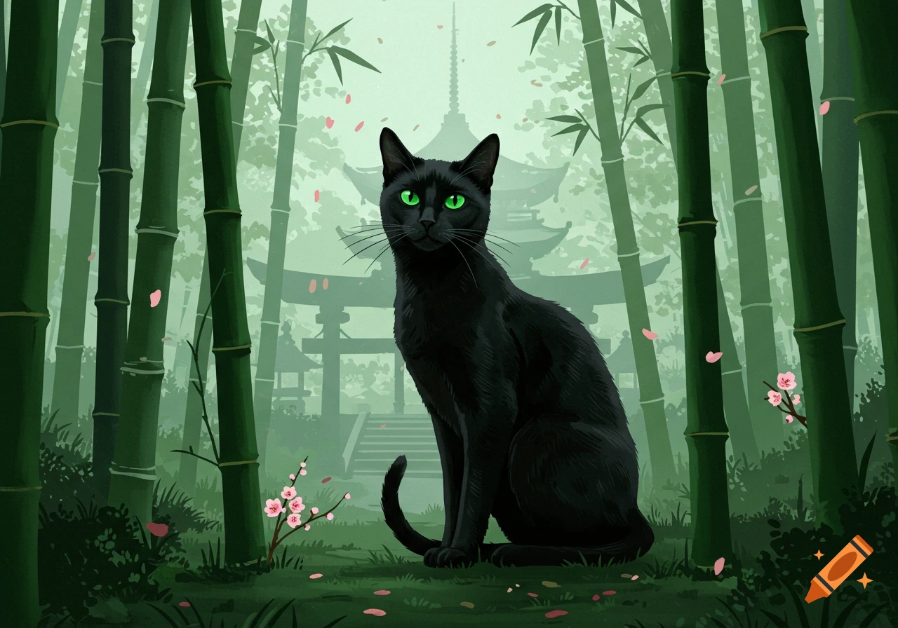 A black cat with luminous green eyes sits in a bamboo forest with a Japanese temple in the background, in a digital painting style.