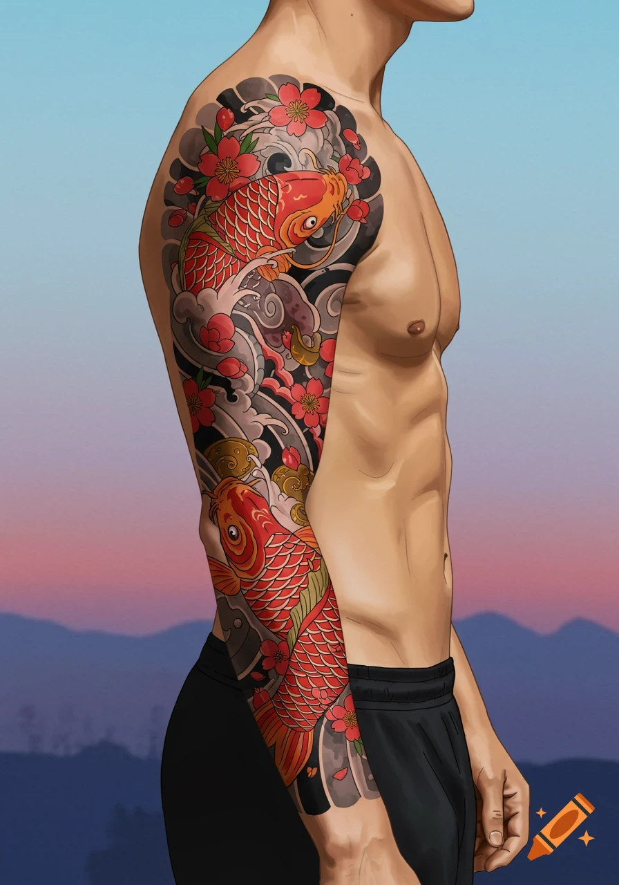 A man's arm and torso with a colorful Japanese-style sleeve tattoo featuring red koi fish, cherry blossoms, and waves.