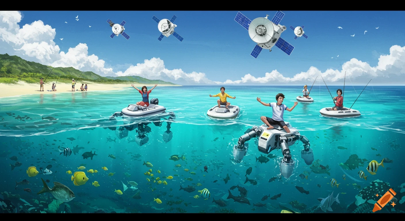 People on robotic boats and fishing on a beach in a clear ocean with marine life, under satellites on a sunny day.