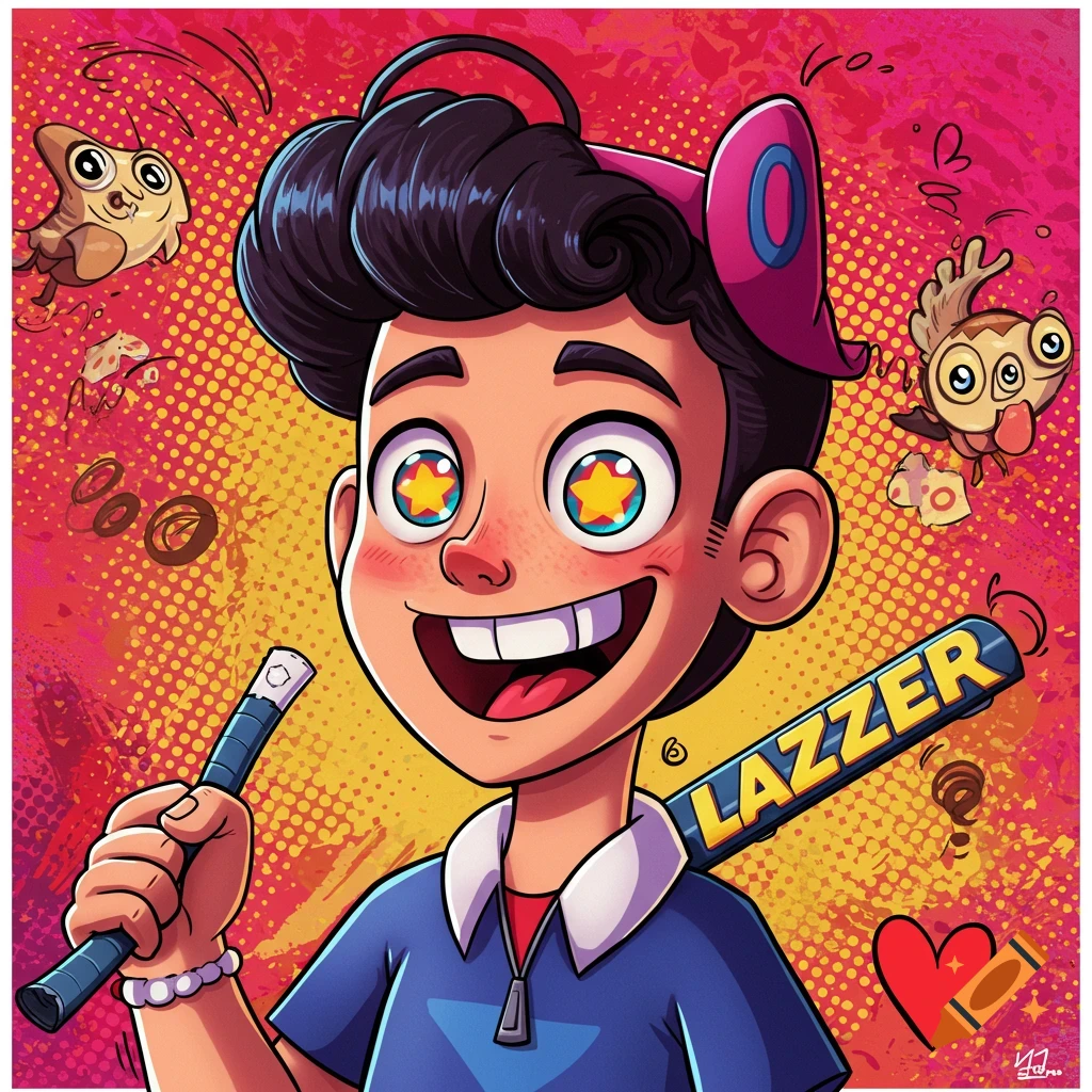 A vibrant cartoon of a happy boy with star-filled eyes, holding a bat labeled 'LAZZER', surrounded by cartoon creatures in a pop art style.