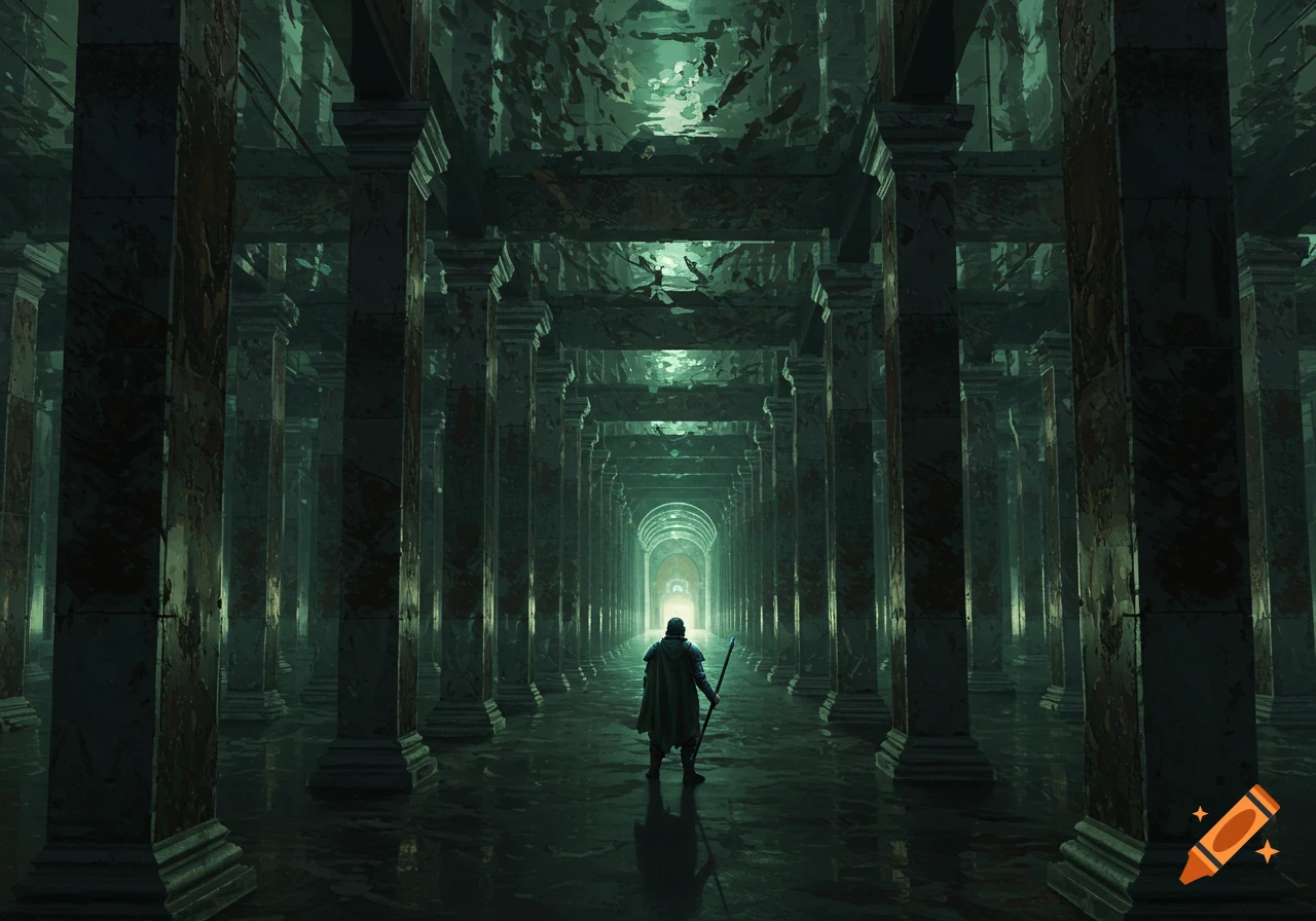 An adventurer stands in a long, dark, reflective hall filled with pillars, looking towards a distant bright light.