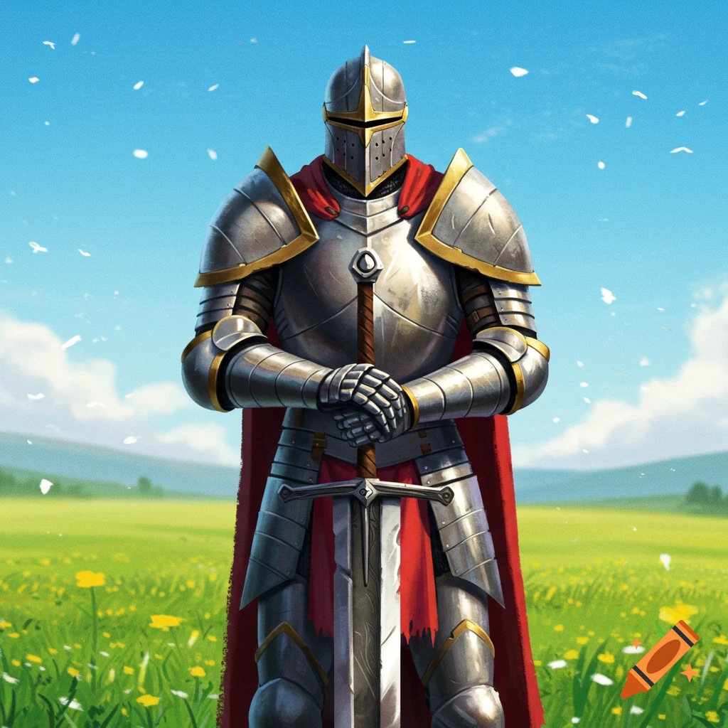 A knight in shining armor with a red cape, holding a large sword, standing in a vibrant green field under a clear blue sky.