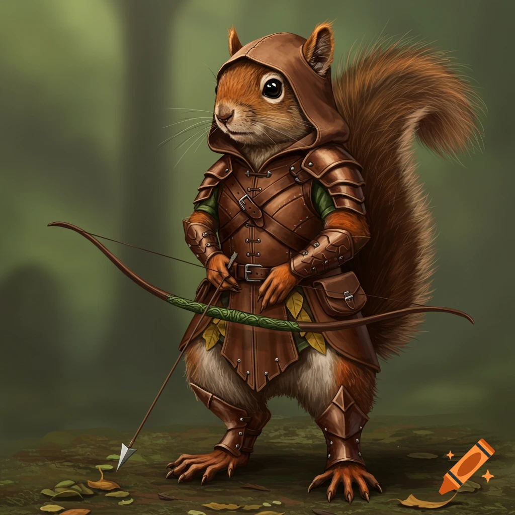 A squirrel wearing brown leather fantasy armor, a hood, and holding a longbow stands in a forest.