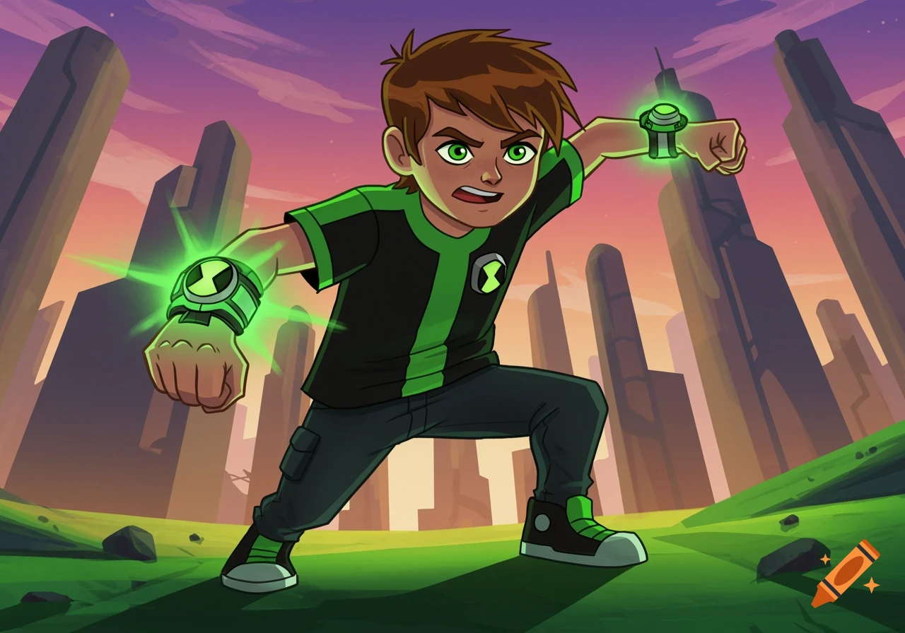 Cartoon boy Ben 10 in an action pose, with two glowing green Omnitrix watches on his wrists, against a futuristic city skyline at sunset.