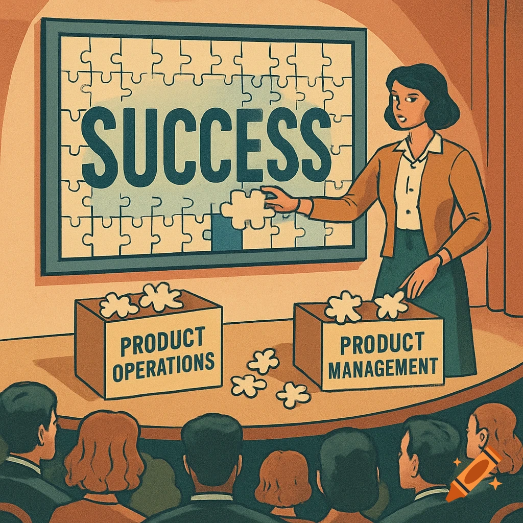 A retro-futuristic illustration of a woman assembling a 'SUCCESS' puzzle from 'PRODUCT OPERATIONS' and 'PRODUCT MANAGEMENT' boxes in an auditorium.