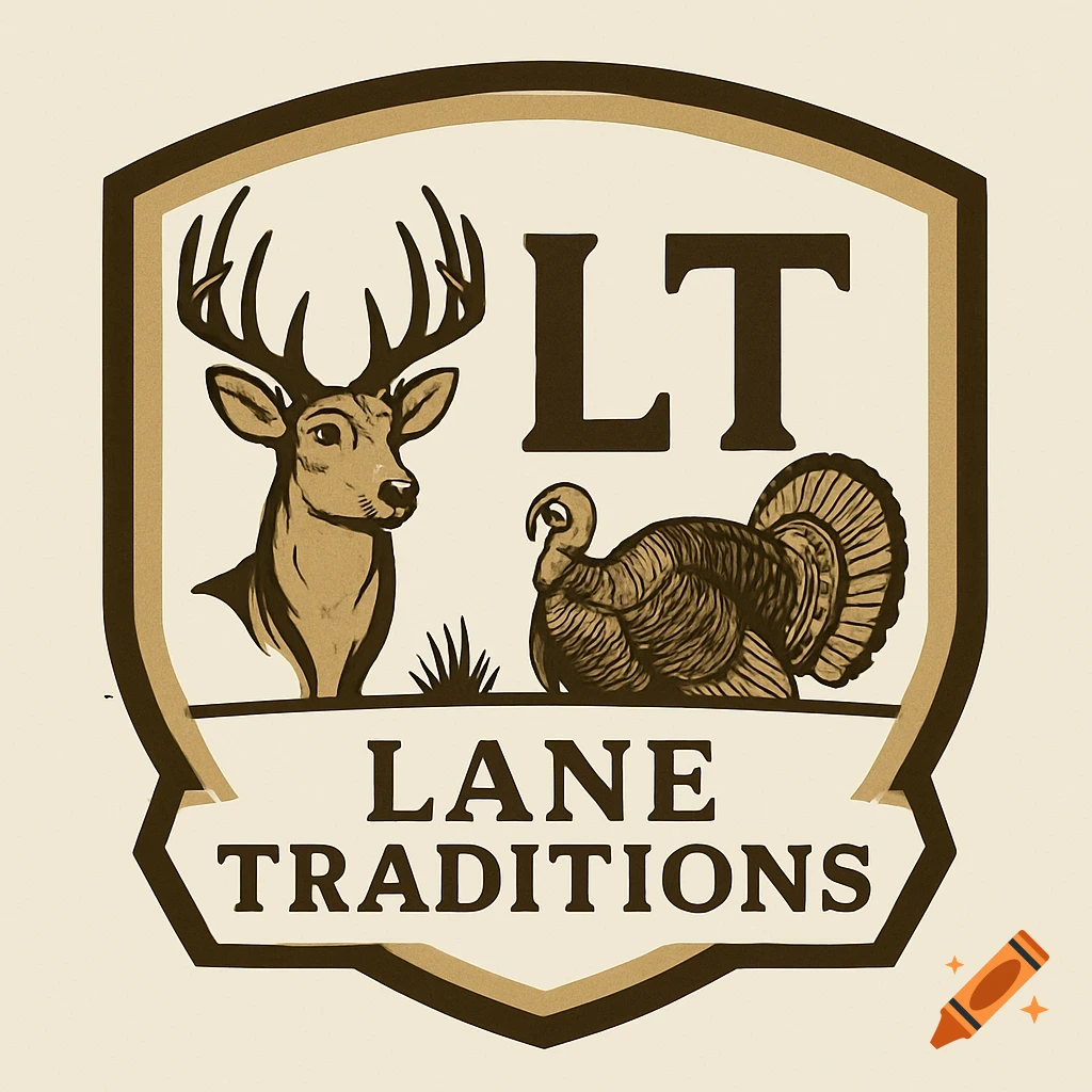 Brown and cream logo with a deer and a turkey inside a shield, with text 'LT' and 'LANE TRADITIONS'.