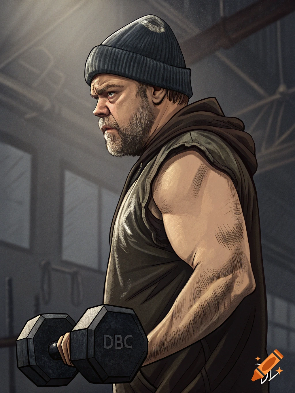 Stylized illustration of a man resembling Vincent D'Onofrio, wearing a beanie and sleeveless hoodie, lifting a dumbbell in a gym.