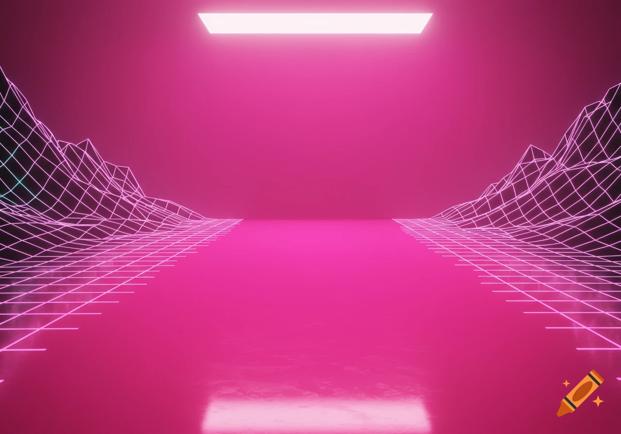 A vibrant pink vaporwave landscape with a reflective floor, geometric grid mountains, and a glowing rectangular light at the top.