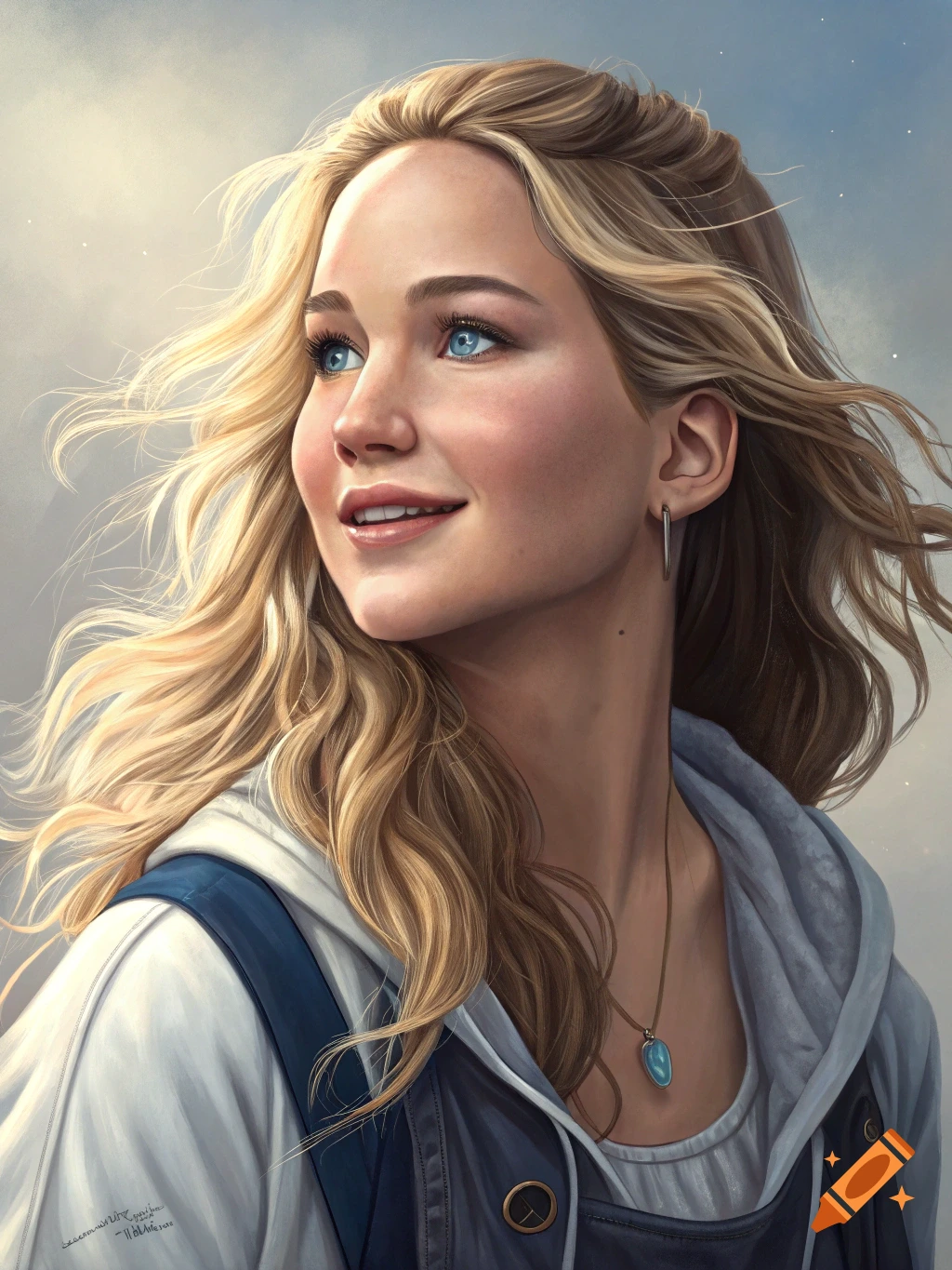 Digital painting of Jennifer Lawrence, a smiling woman with blonde hair and blue eyes, looking upwards.