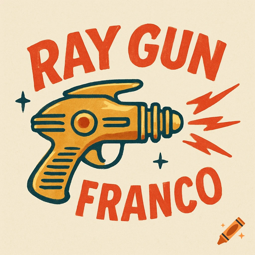 Retro-style logo with a gold ray gun and red text 'RAY GUN FRANCO' on a cream background, with star and lightning details.