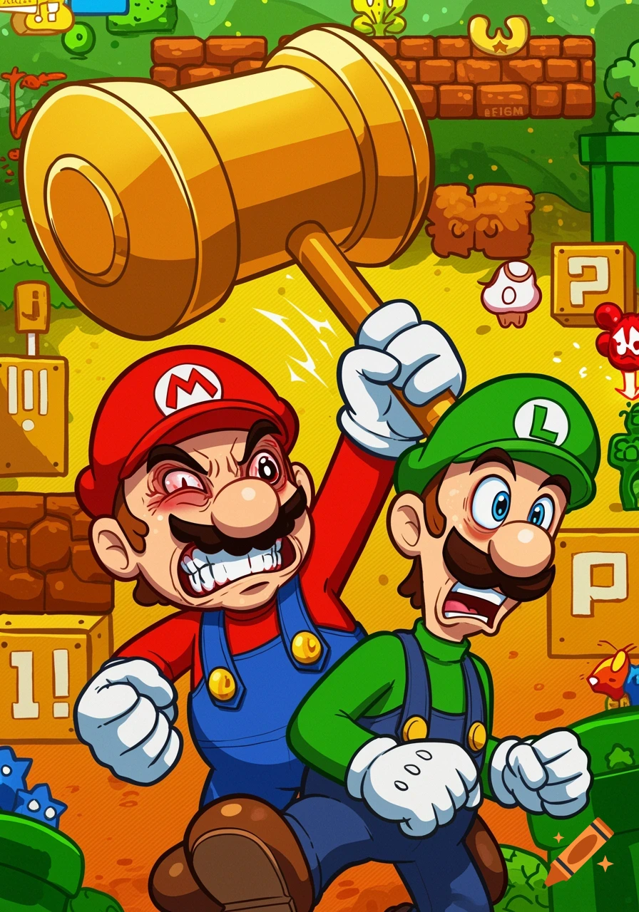 Mario, with an angry, red-eyed expression, holds a large golden hammer above his head, ready to strike Luigi, who looks terrified and is recoiling.