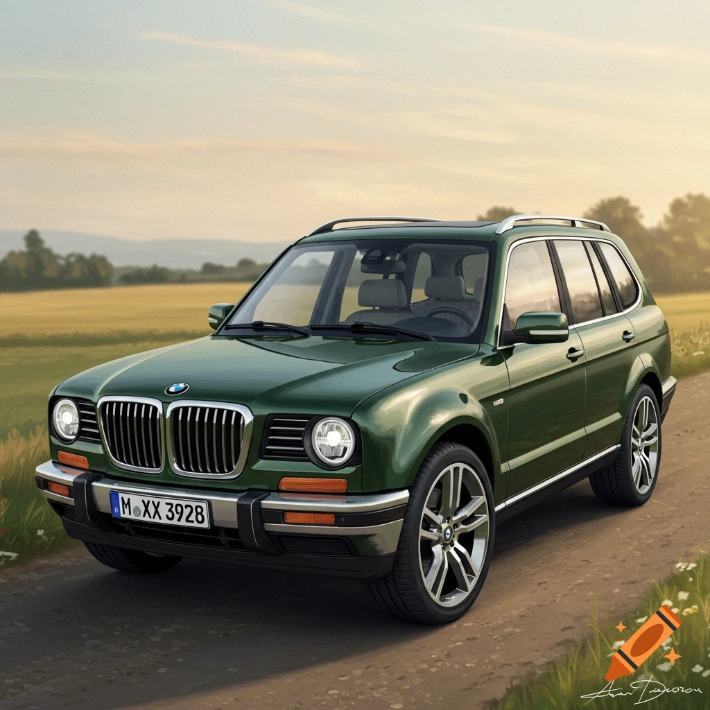 A green old-fashioned BMW SUV drives on a dirt road through a field at sunset.