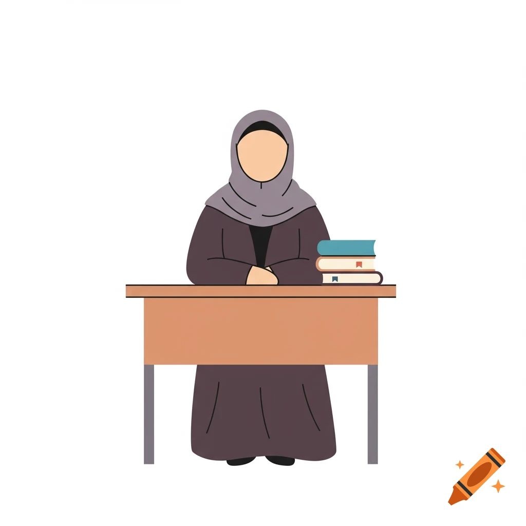 An illustration of a faceless person wearing a gray hijab and dark clothing, sitting at a wooden desk with a stack of books.