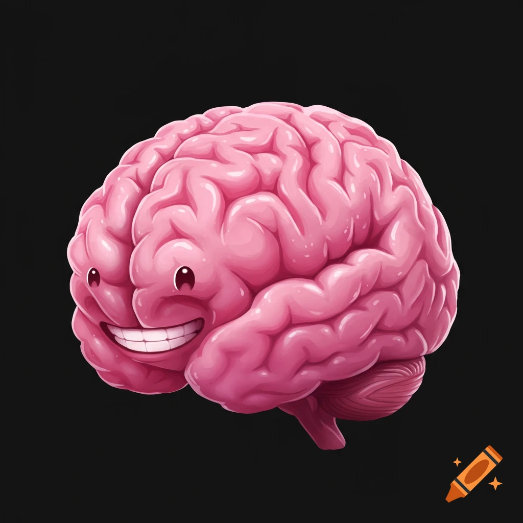 A cartoon pink brain with large eyes and a wide smile, on a black background.