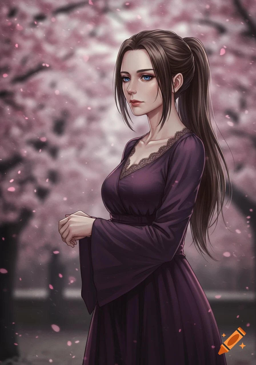 An anime woman with long brown hair in a ponytail and piercing blue eyes wears a dark purple dress, standing amidst falling cherry blossom petals.