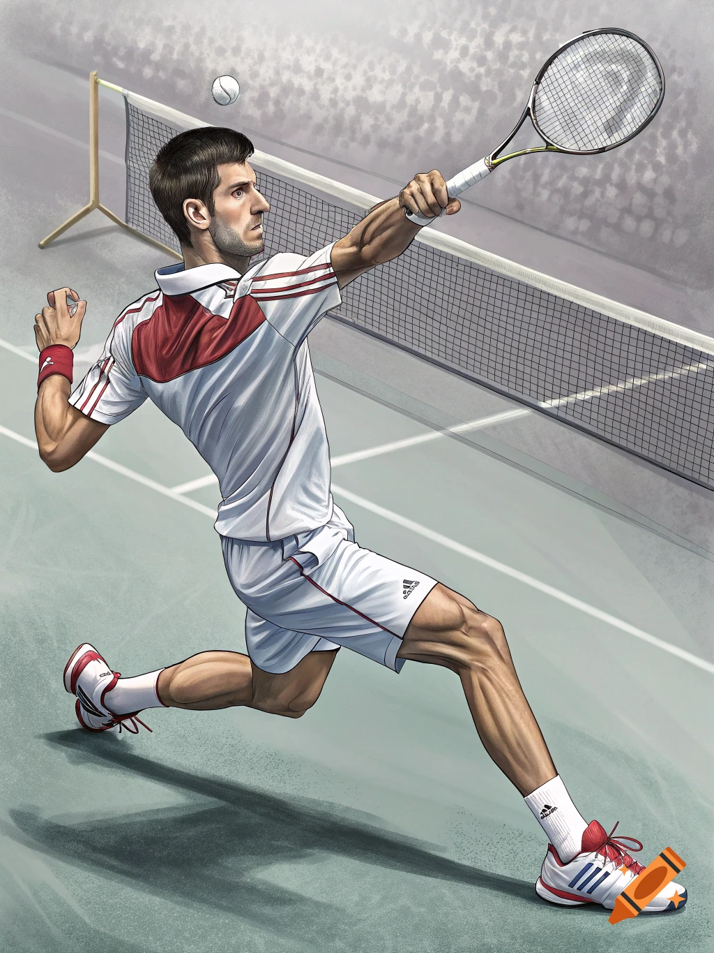 A stylized illustration of tennis player Novak Djokovic in white and red Adidas attire, lunging to hit a tennis ball over the net on a court.