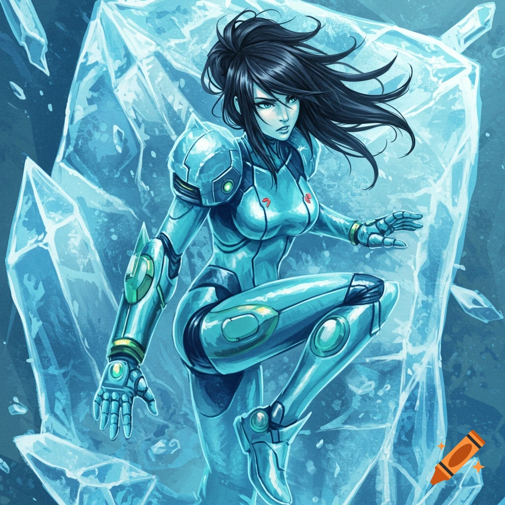 An anime-style character in a blue sci-fi suit, resembling Zero Suit Samus, is frozen within large blue ice crystals.