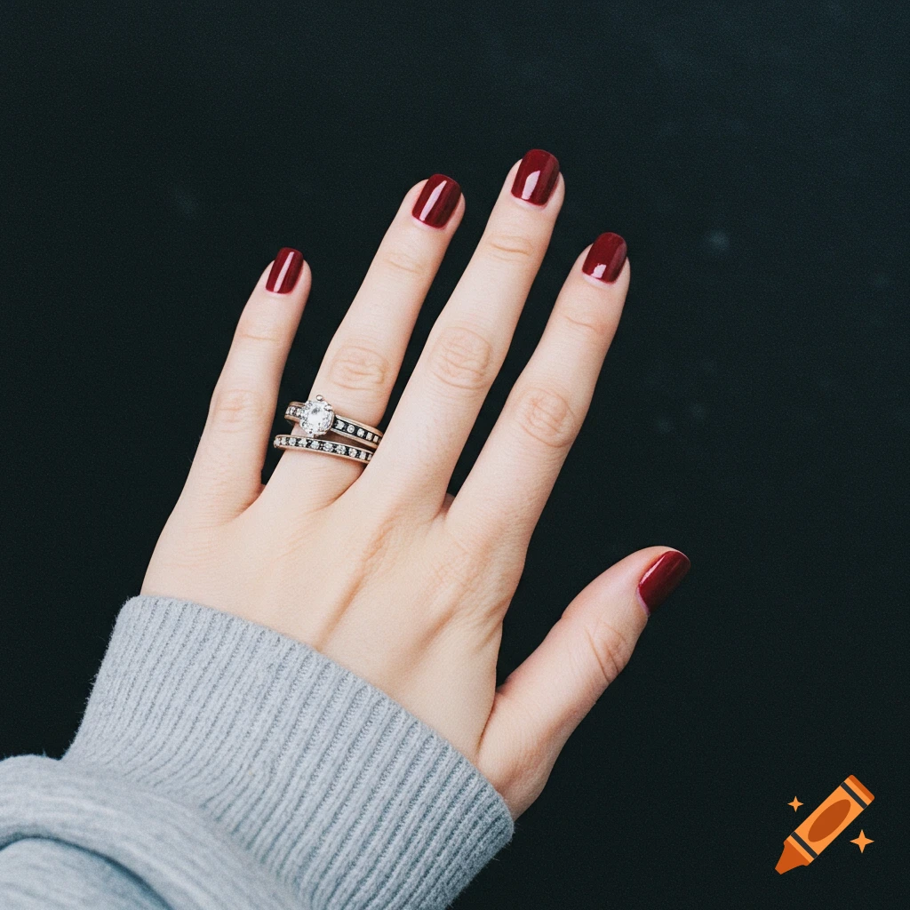 Close-up of a hand with dark red nail polish and two diamond rings on a dark background.