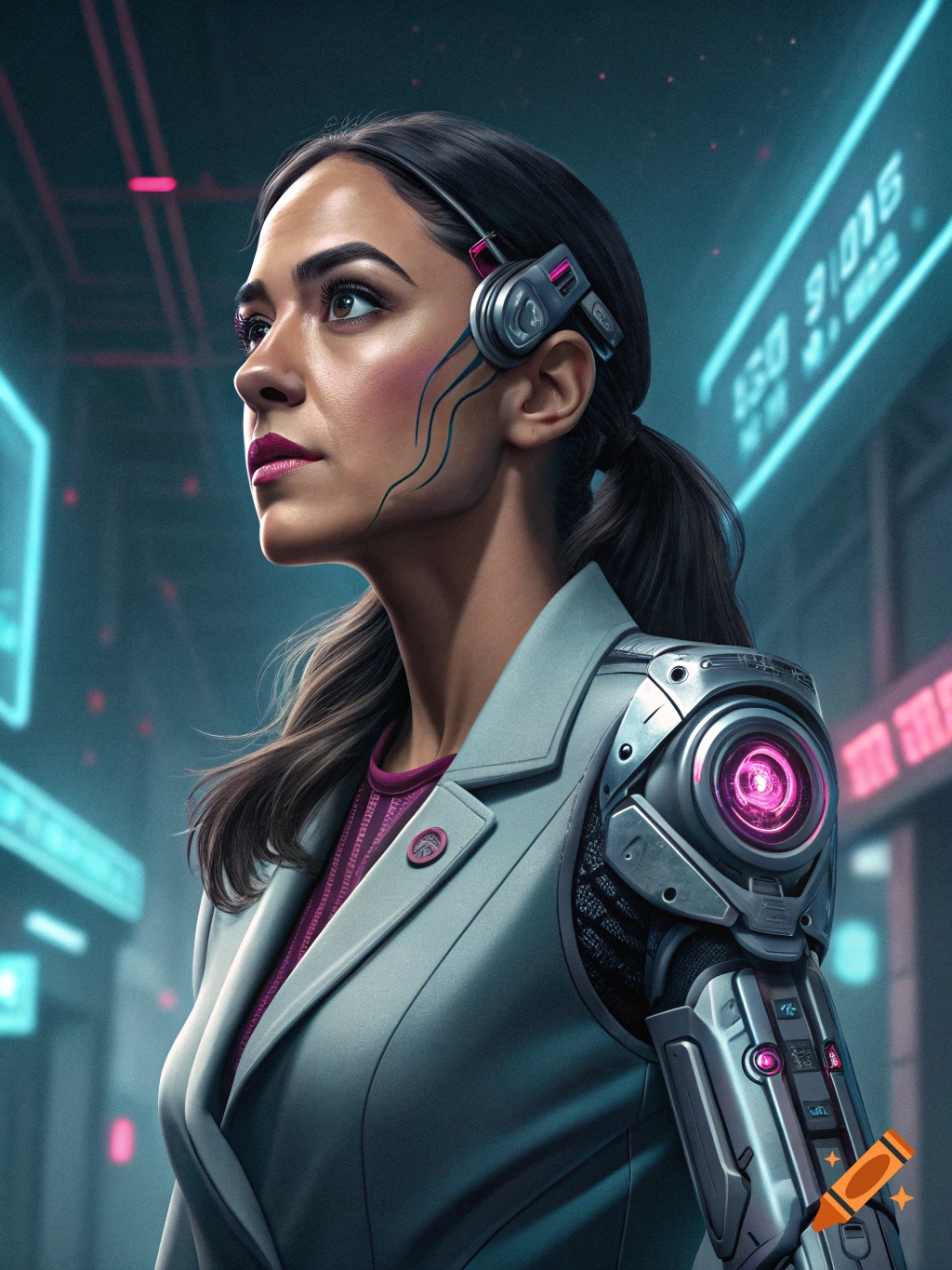 Portrait of Alexandria Ocasio-Cortez as a futuristic cyborg with a mechanical arm, glowing pink eye, and ear device, set in a neon-lit city.