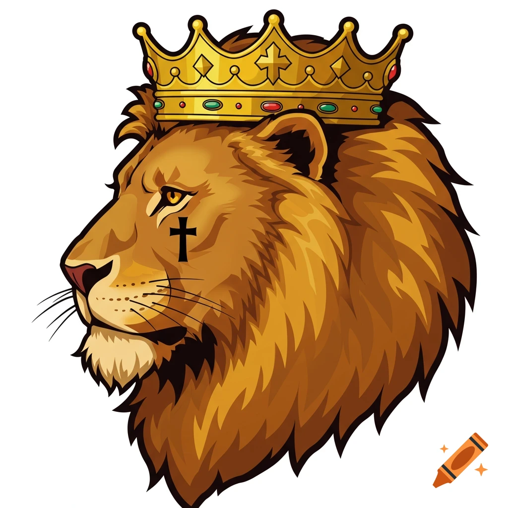 Clipart illustration of a brown lion's head in profile wearing a golden crown with a black cross on its cheek.
