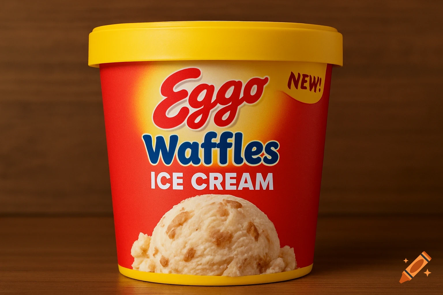 A photorealistic image of an Eggo Waffles Ice Cream container with a yellow lid on a wooden surface.