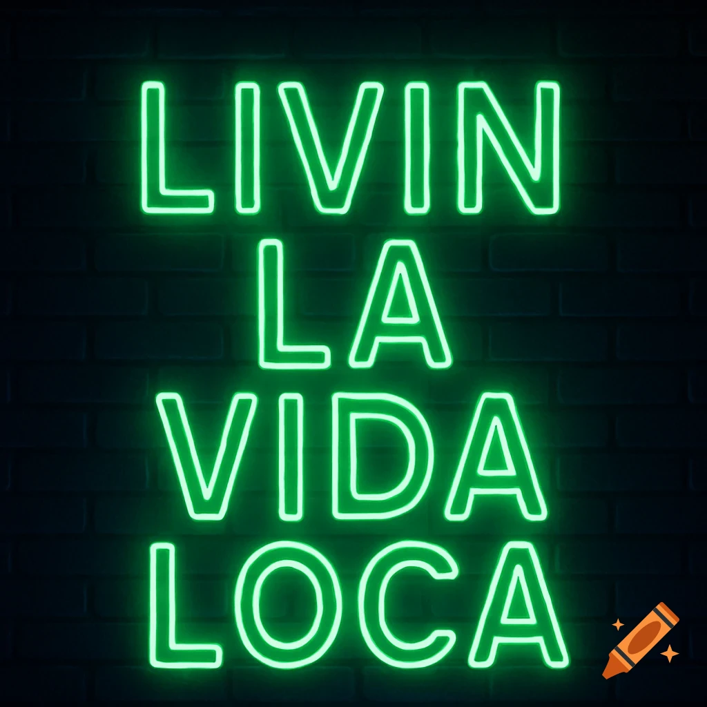 A green neon sign displaying the words 'LIVIN LA VIDA LOCA' on a dark brick wall.