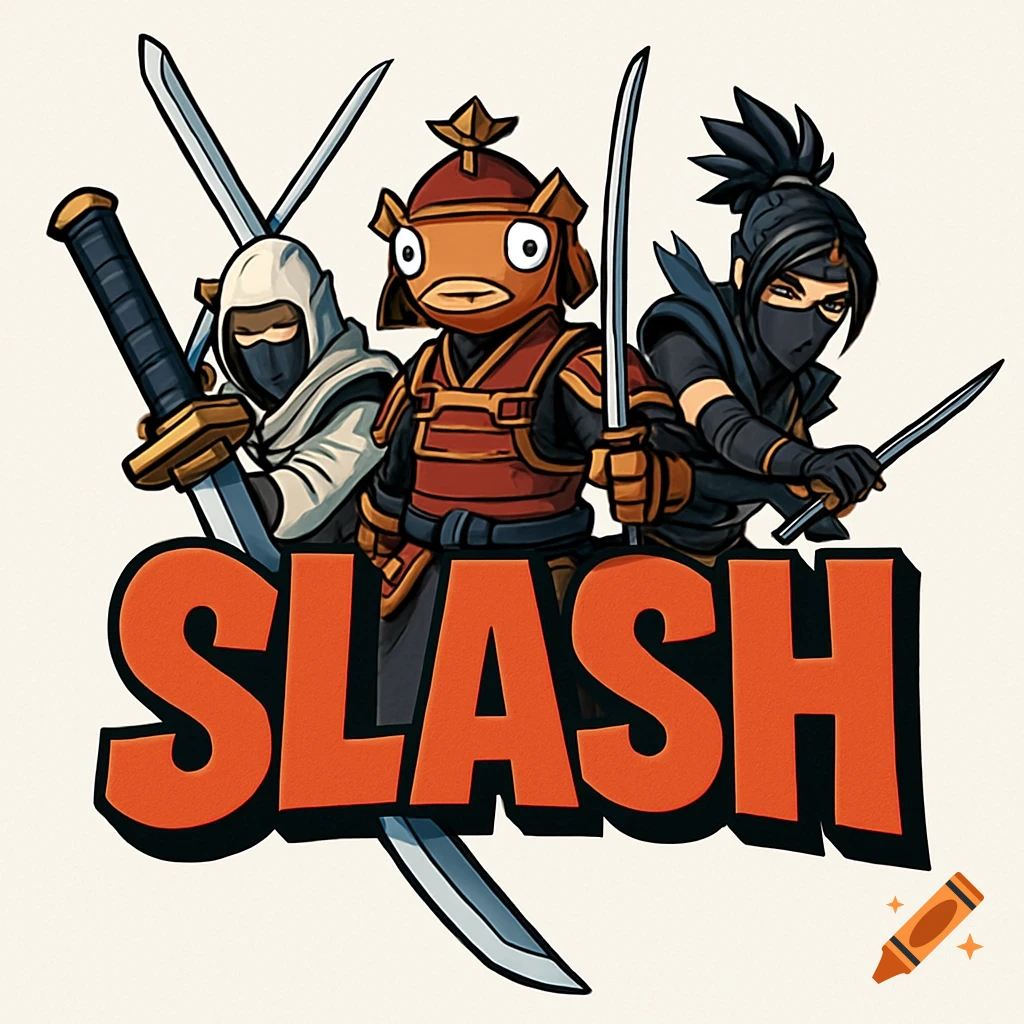 Anime style logo with Fortnite characters Fishstick (samurai), Kenji, and Jing (ninja) with swords over the bold red word 'SLASH'.