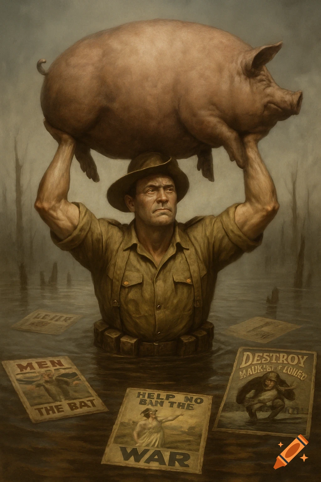 A muscular World War I soldier, in an Atlas pose, stands chest-deep in murky water, straining to carry a large pig overhead. Old, tattered war propaganda posters float around him in the swamp.