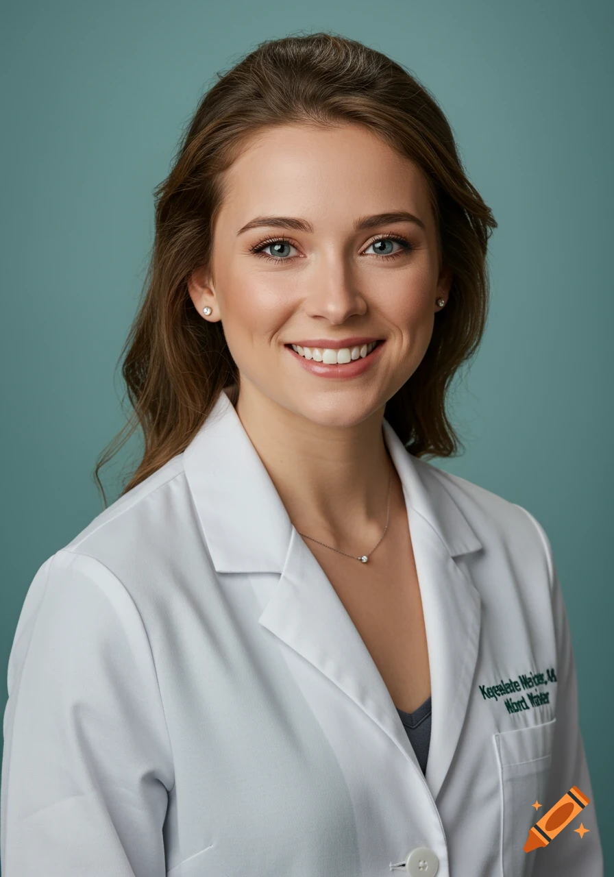 A photorealistic portrait of a smiling young female doctor wearing a white lab coat against a greenish-teal background.