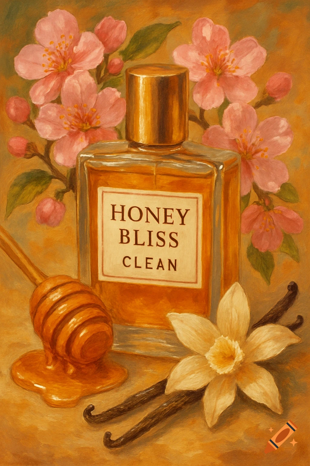 Painterly still life of 'Honey Bliss Clean' perfume bottle with pink cherry blossoms, a honey dipper, and vanilla beans.