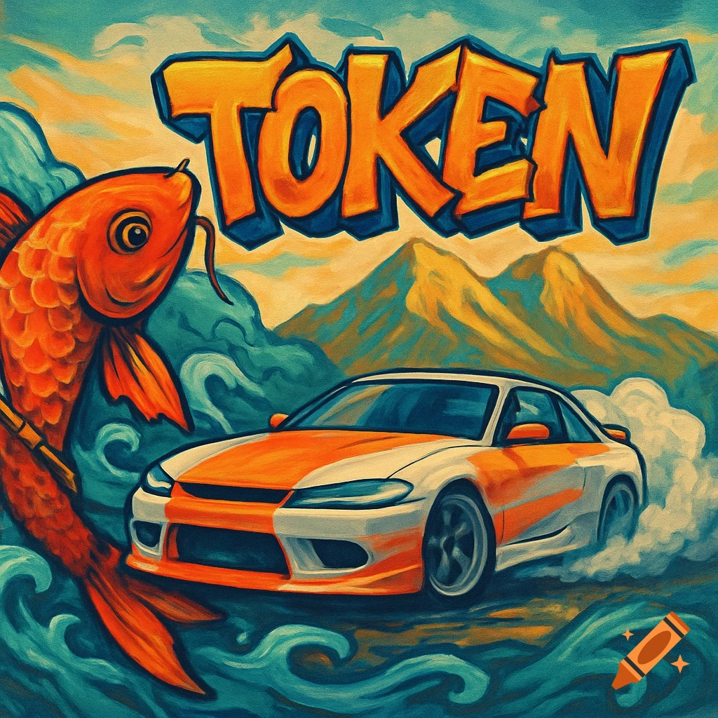 An orange and white drift car on a road, with a large orange koi fish on the left, mountains in the background, and the word TOKEN in orange graffiti letters above, in a painterly style.