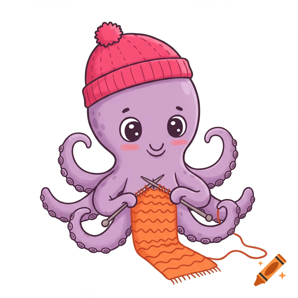 A cute purple cartoon octopus wearing a pink hat and knitting an orange scarf against a white background.